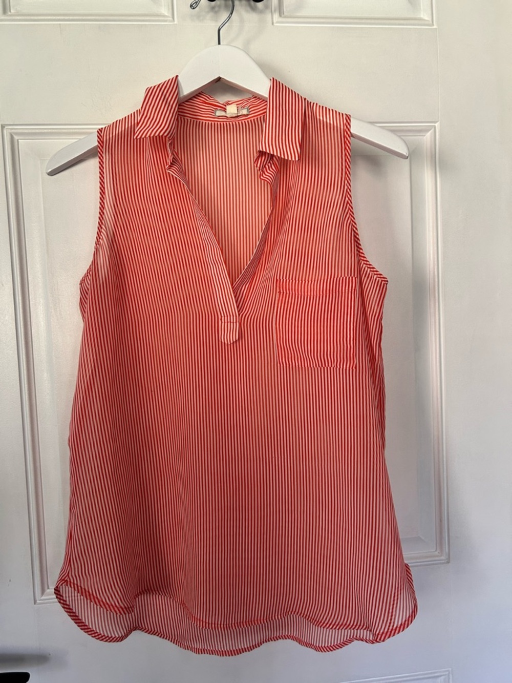 Pleione Red & White Striped Sleeveless Collared Tank Top